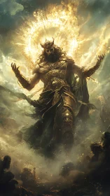 Storm god strides through burning clouds in golden armor.