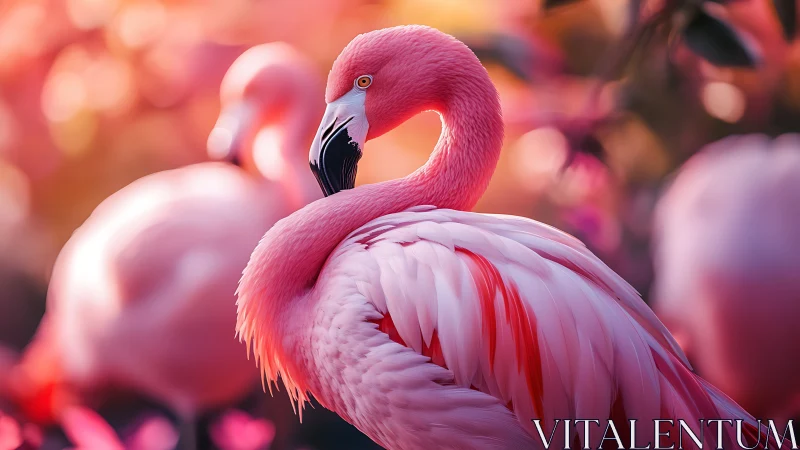 Vibrant Pink Flamingo in Soft Focus Nature Photography Style.