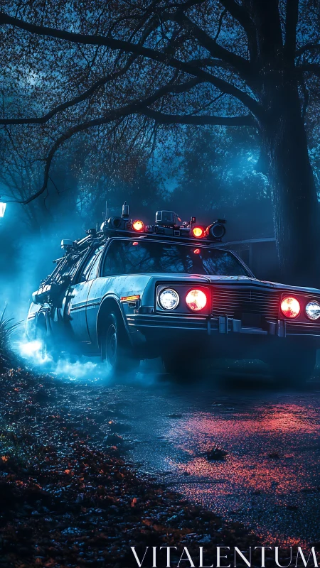 Modified station wagon with roof equipment moves through foggy road