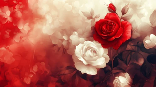 Red and cream roses with luminous bokeh composition.
