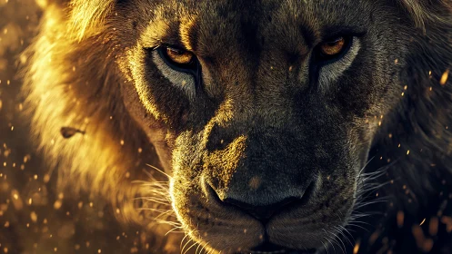 Fierce lion portrait glows with embers in dramatic dusk light