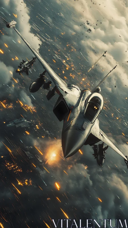 Futuristic strike fighter dives through burning cloudscape