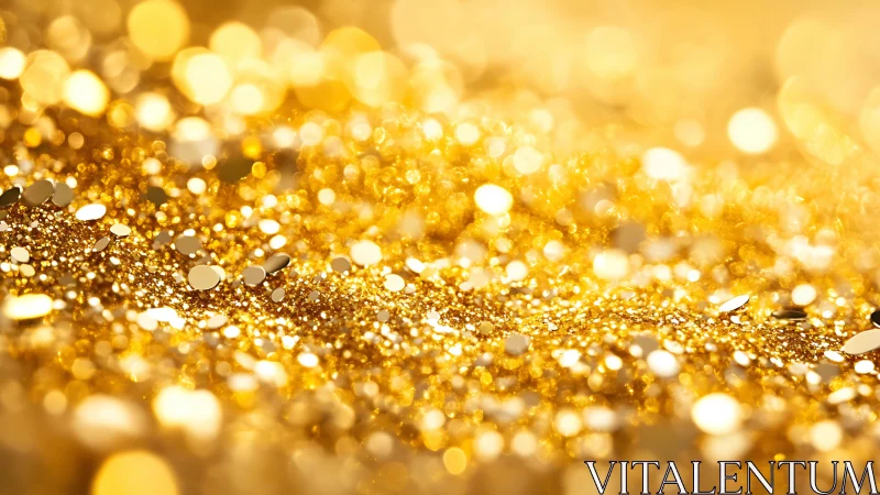 Macro view of golden glitter particles with soft bokeh effect.