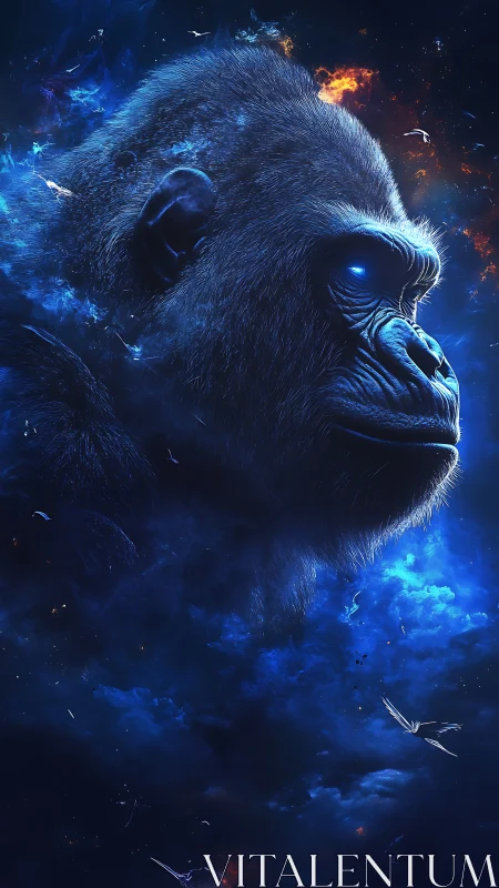 Cosmic gorilla profile in luminous nebular digital painting.