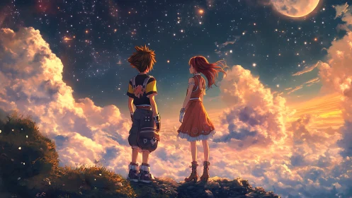 Two anime friends share a glowing sunset above the clouds.