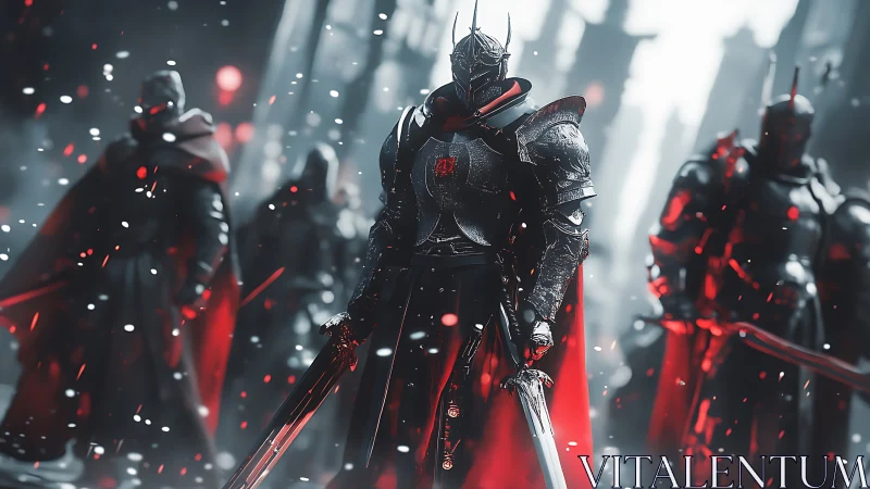 Armored knight squad advances through snow with red-lit blades