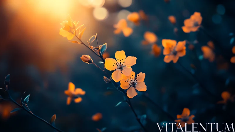Yellow Flowers on Stem Against Blue Background