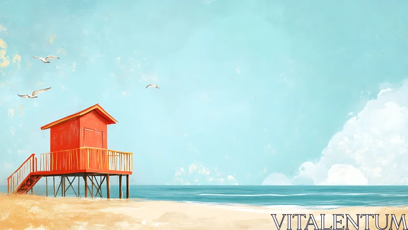 Scarlet lifeguard hut dreaming beside an endless turquoise sea.