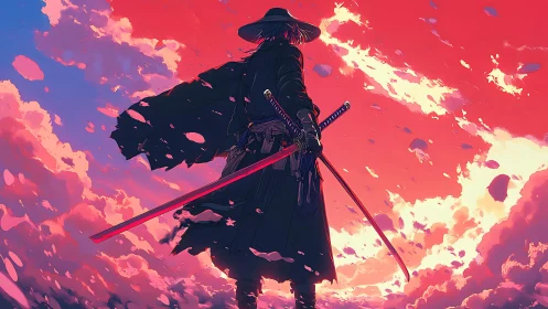 Sky-scarred ronin stands blazing against neon storm clouds.