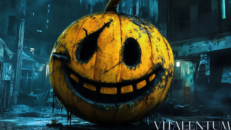 Rotting jack o lantern grins in abandoned rainy alley