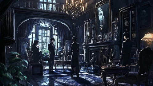 Victorian-style interior with four figures in formal attire.