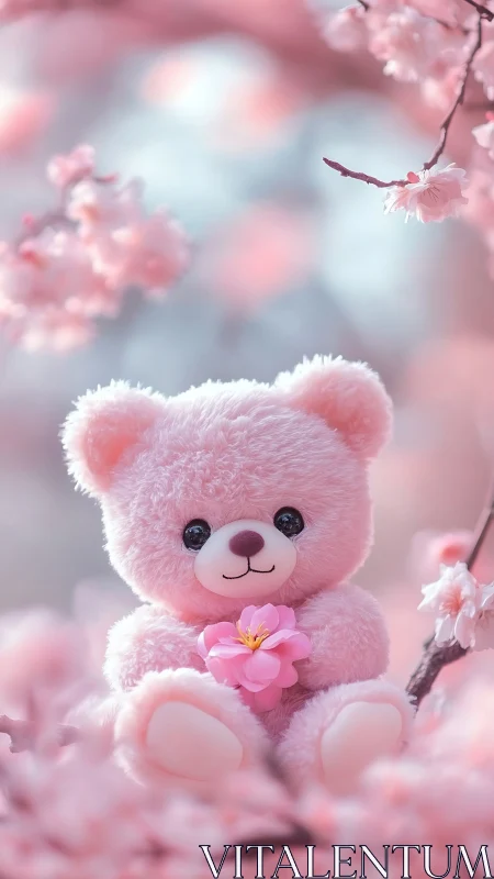 Sweet pink teddy cuddling a blossom in dreamy spring glow.