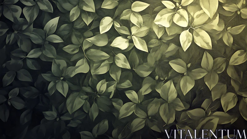 Overlapping foliage pattern in muted green and yellow tones.