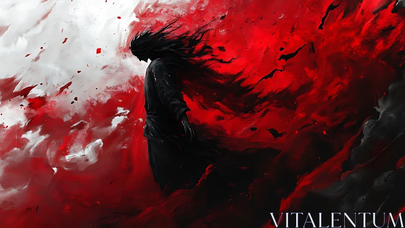 Dark silhouette in red and white abstract stormscape.