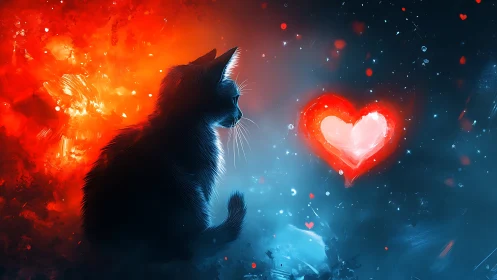 Silhouetted Feline with Neon Heart Glow in Digital Void