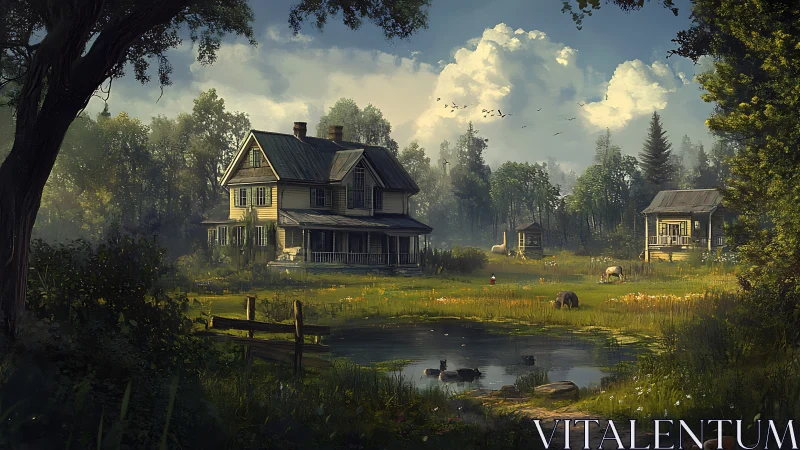 Rural farmhouse landscape with pond, trees, and livestock.