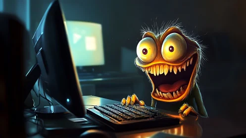 Hyperactive cyber-gremlin at workstation in dramatic lighting.