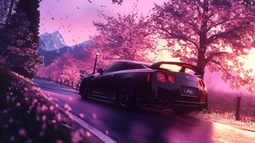 Black sports car on wet road under pink blossom trees.