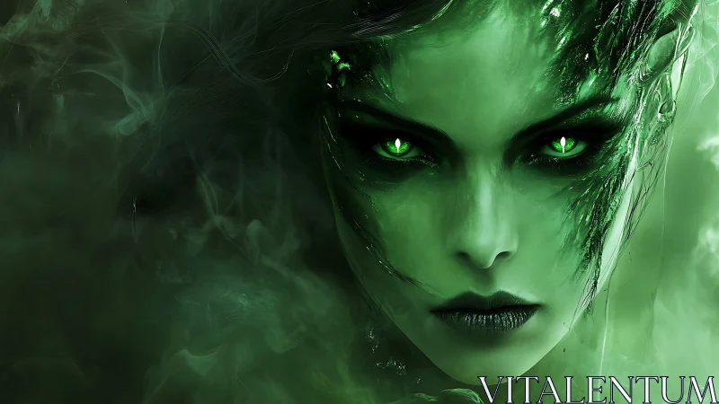 Emerald spectral sorceress portrait with luminous eyes.