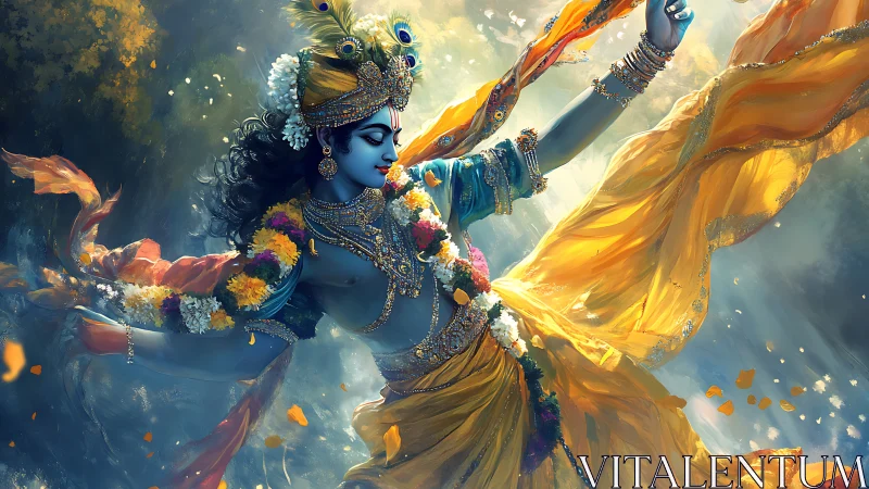 Celestial blue dancer whirls through marigold-scented light.