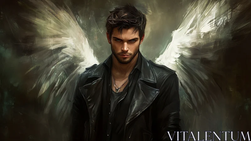 Brooding male angel in black leather jacket, wings spread.