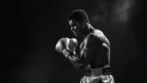 Muscular Boxer in Fighting Stance with White Gloves.