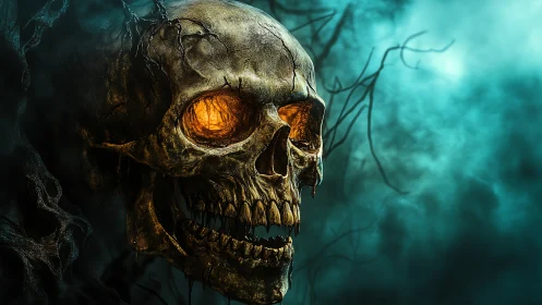 Burning-eyed skull emerges from eerie teal misty darkness