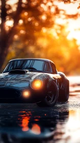 Golden hour cruise with a glossy classic sports car.