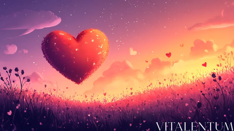 Luminescent Heart Form Suspended Over Wildflower Field With Gradient Atmospheric Rendering
