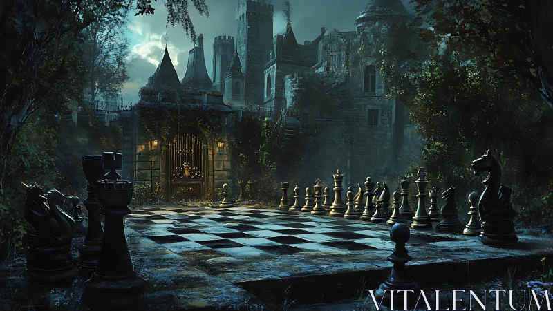 Chessboard stands before overgrown gothic castle at night