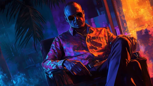 Man in chair under neon lighting with tropical backdrop.