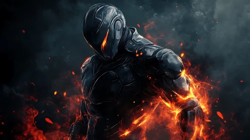 Armored futuristic warrior emerging from intense flames.