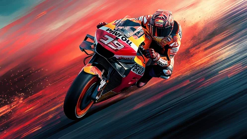 Velocity carves fire-streaked arcs around racing motorcyclist