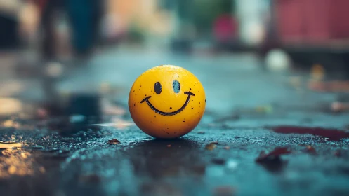 Smiley street ball on wet asphalt with cinematic bokeh depth.