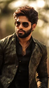 Man in sunglasses and jacket stands outdoors in soft light