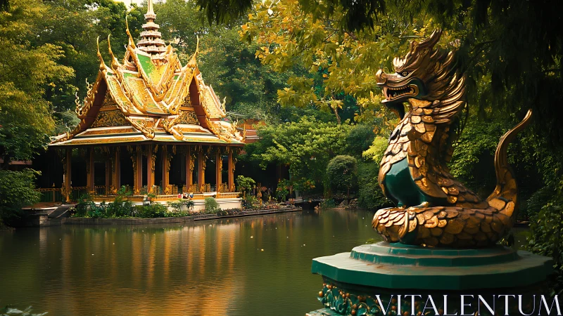 Ornate lakeside pavilion with dragon statue in foliage.
