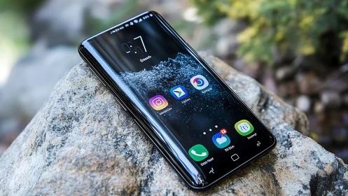 Modern Smartphone Resting on Natural Stone. Perfect.