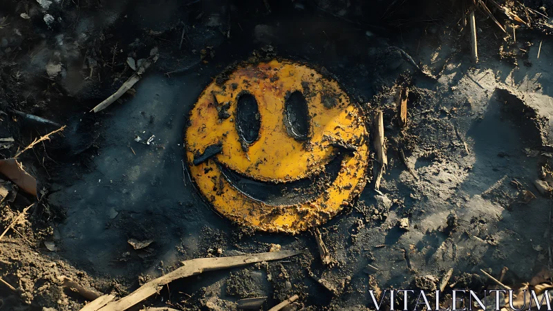 Photorealistic decay study of a buried smiley emblem.