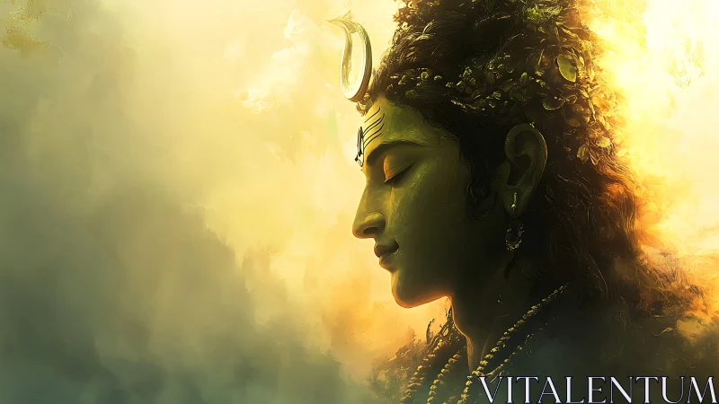 Serene divine portrait glowing within misty golden light.