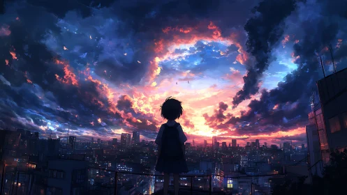 Solitary student watches neon city glow beneath stormy sunset