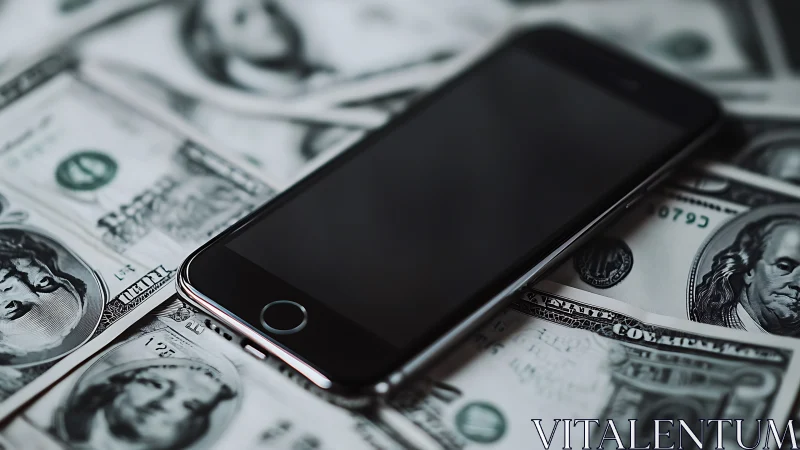 Smartphone throne on dollar bills in sleek digital opulence.