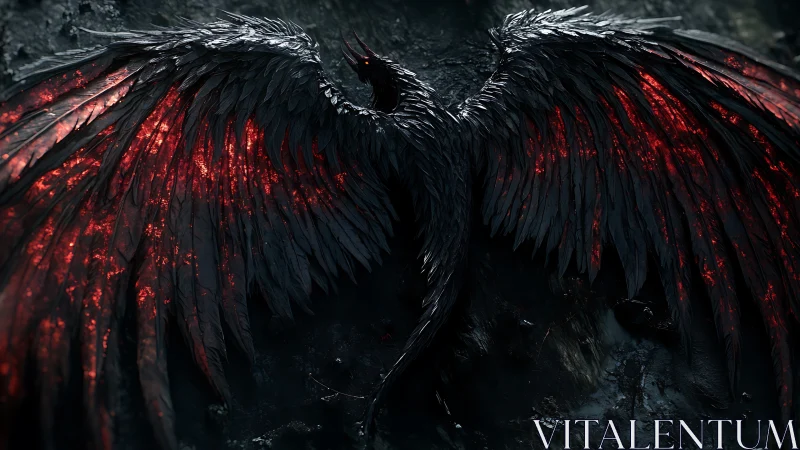 Dark winged creature with glowing red ember feathers.