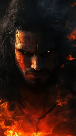 Fierce warrior emerging from fire with glowing, determined eyes.