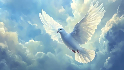 White dove spreads radiant wings through luminous clouds.