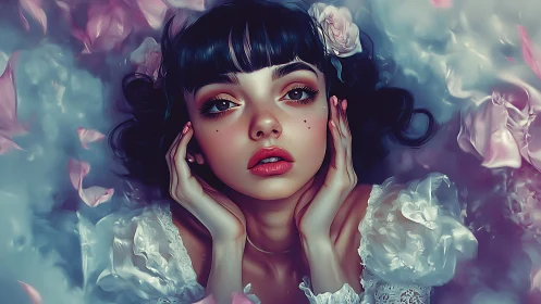 Digital portrait girl amid pastel petals and lace glow.