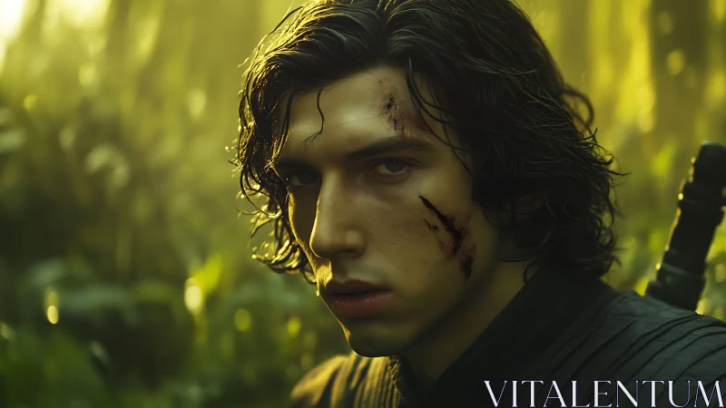 Wounded warrior gazes intensely within sunlit forest