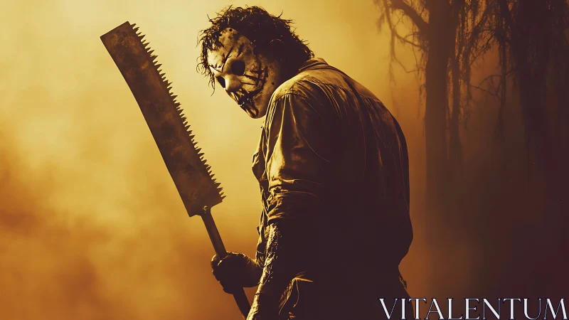 Cinematic horror portrait with masked killer in backlit haze.