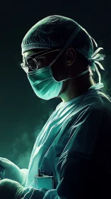 Surgeon in profile rendered with dramatic teal rim lighting