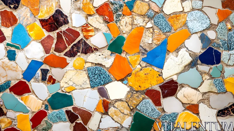 Colorful Abstract Mosaic Wall with Irregular Ceramic Tiles.