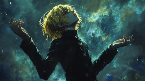 Stargazing rebel bathed in swirling cosmic stormlight.